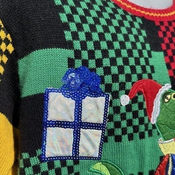 Holiday Time T-Rex Dinosaur Checkered Sequin Present Christmas Sweater S - Picture 7 of 10